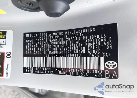 2017 Toyota Corolla Le from USA, damaged, VIN 5YFBURHE6HP660143